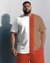 Men's Plus Size White & Orange & Khaki Colorblock Fashion Round Neck Short Sleeve T-Shirt Shorts Suit